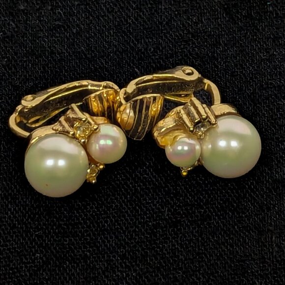 DIOR Double Pearl and Gem Stones Gold Tone Earrings Clip-on - Made in Germany - Picture 1 of 11